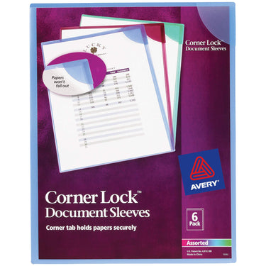 Avery Corner Lock Document Sleeves, Holds up to 20 Sheets, Assorted Colors, 6 Plastic Sleeves (72262) 6 Covers